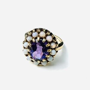 Vintage Amethyst and Seed Opal 10k Gold Ring Size 5.5/6 Estate Hallmarked